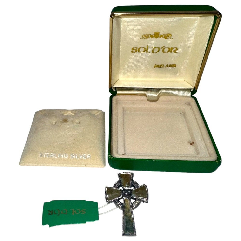 VTG Sol Dor Celtic Christian Cross Connemara Marble Pin Brooch w Org Box/Tag